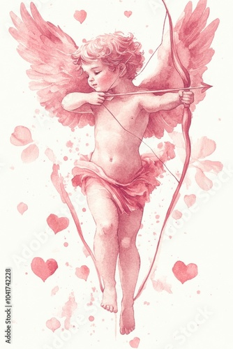 Artistic depiction of Cupid, a cherubic figure with wings and a bow, surrounded by hearts.