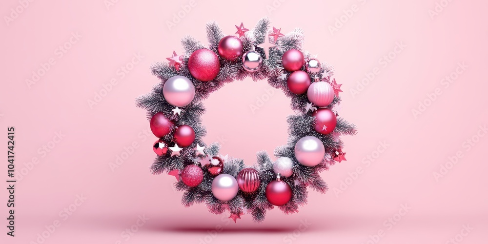 Christmas wreath adorned with shiny stars and orbs set on a solid color background, offering a festive and elegant look in a detailed 3D rendering. Christmas wreath adorned with shiny stars and orbs set on a solid color background, offering a festive and elegant look in a detailed 3D rendering.