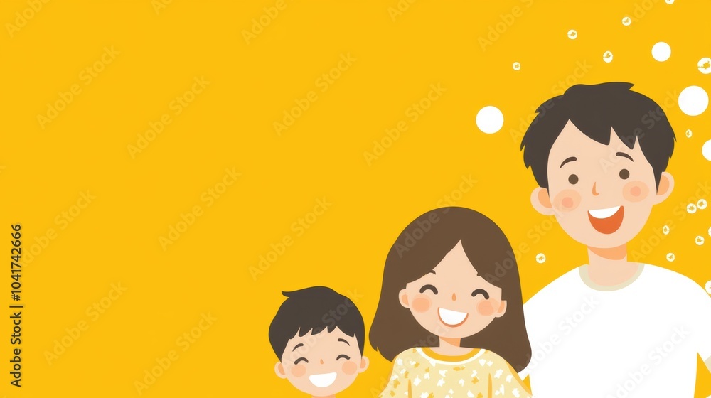 Cheerful parents stand with their smiling child on a bright yellow background, radiating joy and togetherness in this heartwarming moment. Generative AI Cheerful parents stand with their smiling child on a bright yellow background, radiating joy and togetherness in this heartwarming moment. Generative AI