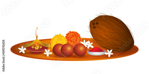 Vector illustration of puja thali on transparent background