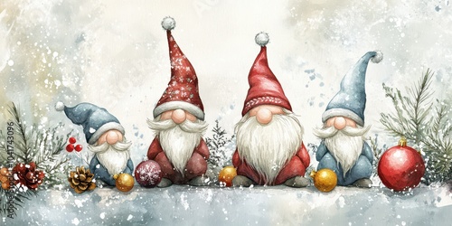 Watercolor illustration of a Christmas gnomes family adorned with Scandinavian ornaments, offering a festive and charming holiday visual for seasonal designs.