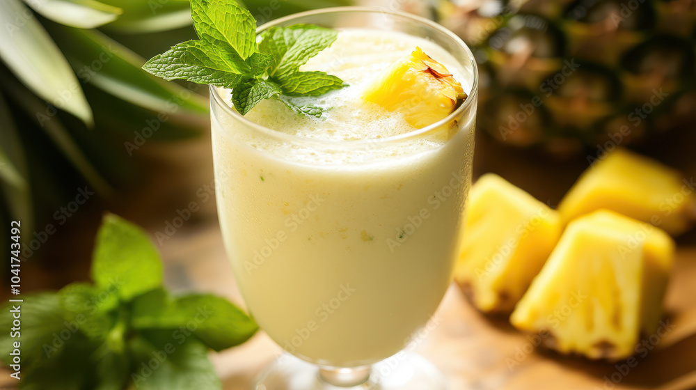 Refreshing pineapple smoothie garnished with mint leaves, served in a tall glass with fresh pineapple slices in the background Refreshing pineapple smoothie garnished with mint leaves, served in a tall glass with fresh pineapple slices in the background