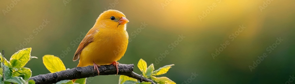 Obraz premium A vibrant yellow bird perched on a branch, surrounded by green foliage and a soft, colorful background.