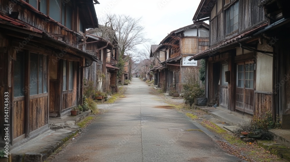 An empty street in a traditional Japanese village with wooden houses An empty street in a traditional Japanese village with wooden houses
