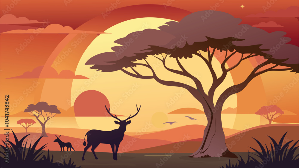 A tree and a deer walking at sunset background A tree and a deer walking at sunset background