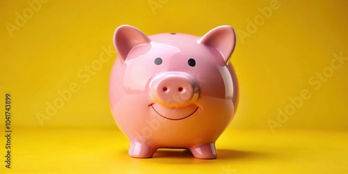 A smiling pink piggy bank stands against a vibrant yellow backdrop, a symbol of financial security and savings goals.