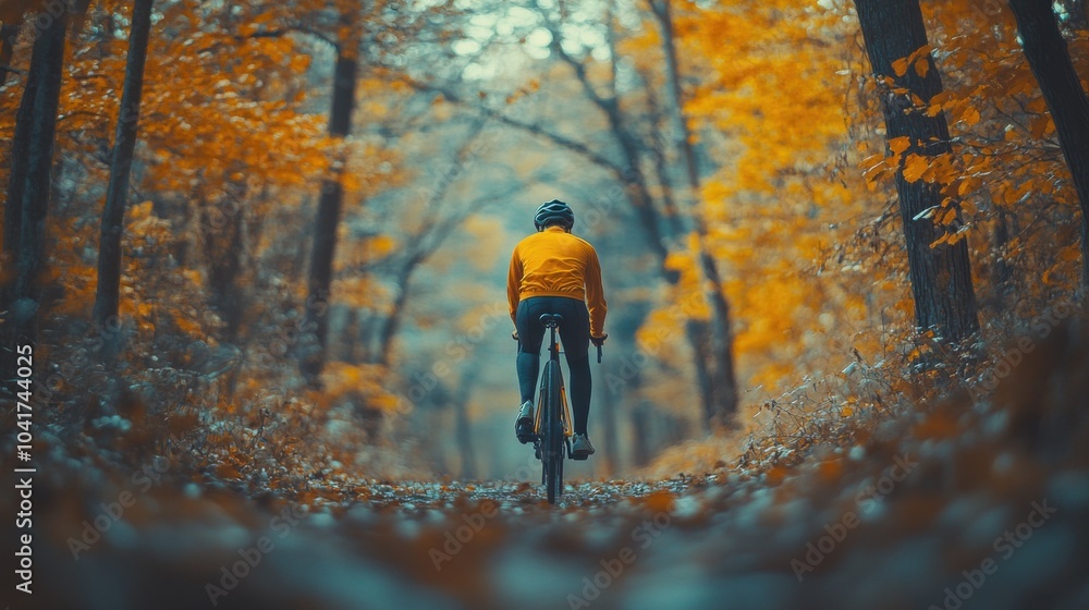 Obraz premium Man riding a bike down a path in the woods