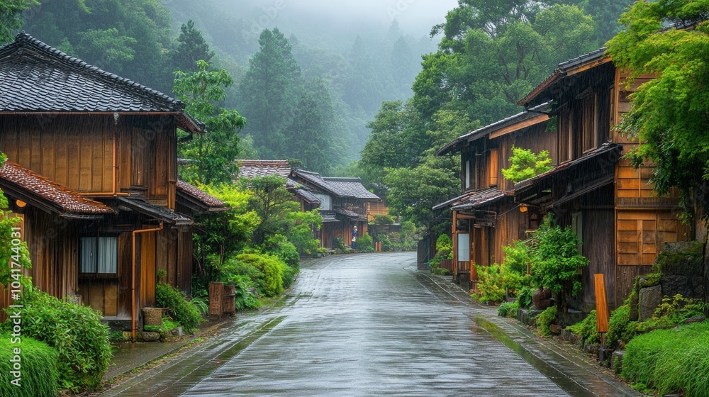 An empty street in a traditional Japanese village with wooden houses An empty street in a traditional Japanese village with wooden houses