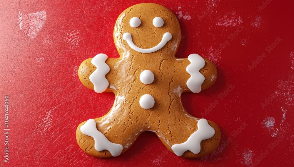 Naklejka premium A cheerful gingerbread cookie shaped like a person, decorated with icing and set against a vibrant red background.