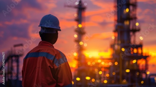 A figure in safety gear overlooks an oil refinery complex at dusk. Industrial structures stand against a sunset sky, creating a peaceful atmosphere.