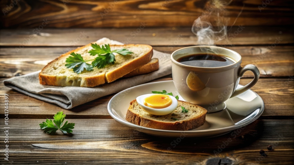 A Simple Breakfast of Toast, Coffee, and a Boiled Egg on a Rustic Wooden Table A Simple Breakfast of Toast, Coffee, and a Boiled Egg on a Rustic Wooden Table