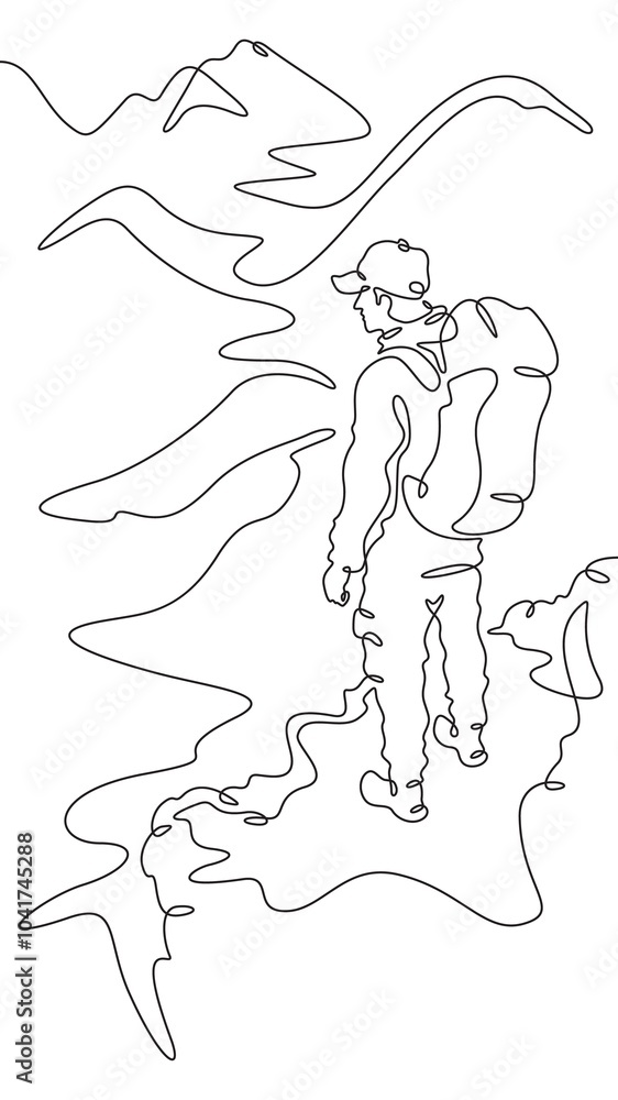 Continuous one line drawing tourist with a backpack in the mountains. Mountaineering. Rock climbing. High mountains. One continuous line isolated minimal vertical illustration. Continuous one line drawing tourist with a backpack in the mountains. Mountaineering. Rock climbing. High mountains. One continuous line isolated minimal vertical illustration.