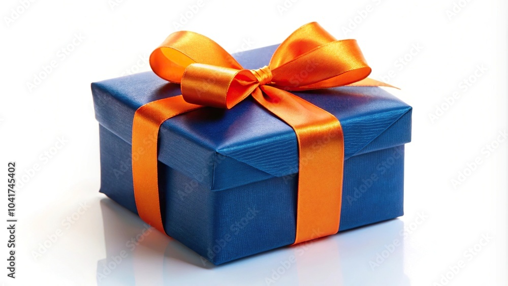 Blue gift box with orange bow on white background Blue gift box with orange bow on white background