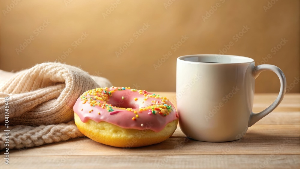 A pink frosted donut with colorful sprinkles sits beside a white coffee mug on a wooden table with a cozy beige knitted scarf in the background. A pink frosted donut with colorful sprinkles sits beside a white coffee mug on a wooden table with a cozy beige knitted scarf in the background.
