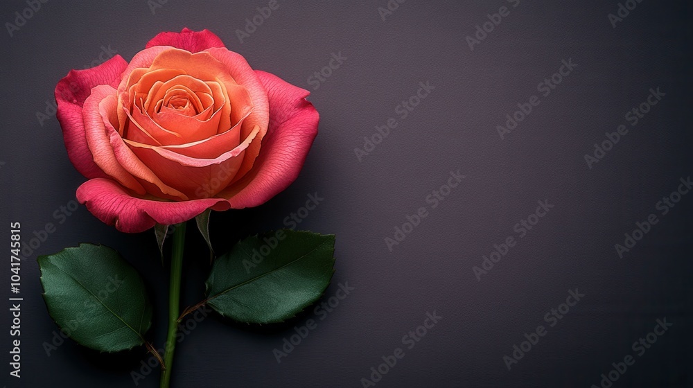 A vibrant rose with pink and orange petals is positioned on the right side, highlighting its lush green leaves. The dark background enhances the colors of the flower, creating a striking contrast that