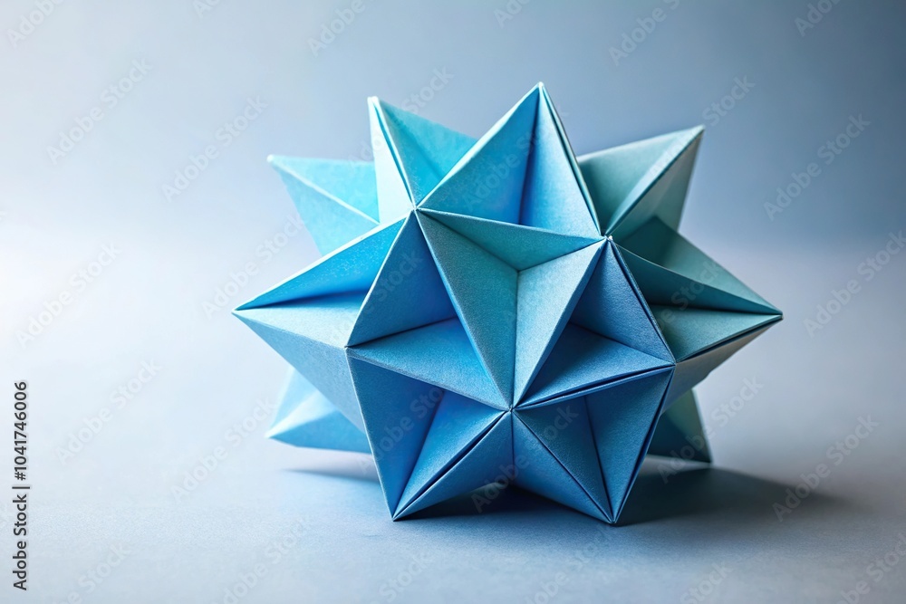 Blue paper origami abstract shape on light blue background at a tilted angle