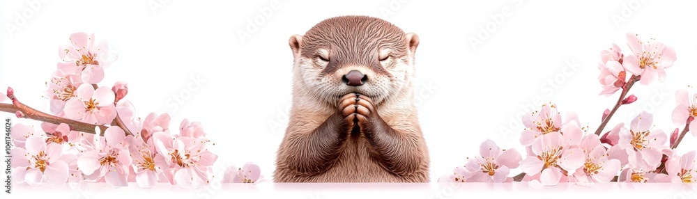 A cute otter surrounded by pink cherry blossoms, creating a serene and joyful spring scene. A cute otter surrounded by pink cherry blossoms, creating a serene and joyful spring scene.
