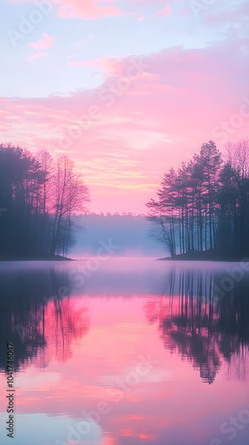 Radiant Dawn: Serene Lakeside At Sunrise Illuminates Sky With Ethereal Light Reflecting On Tranquil Waters