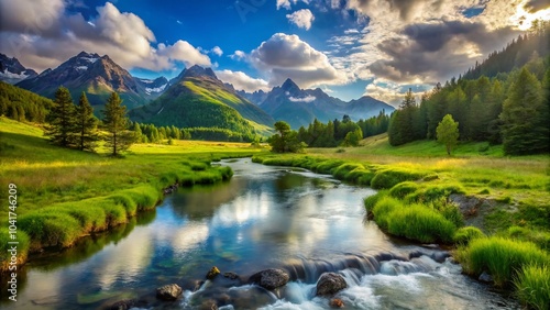 Aerial View of a Serene Mountain Stream Flowing Through Lush Green Fields in Nature's Tranquil Landscape