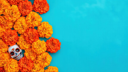 Traditional sugar skull surrounded by bright orange cempasuchil flowers forming a border on a vibrant blue table background, with copy space