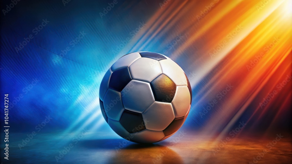 Fototapeta premium A classic leather soccer ball in the spotlight, bathed in warm and cool hues, ready for the next play.