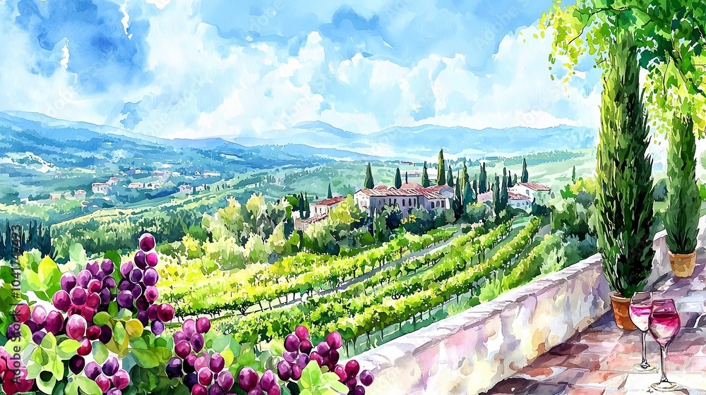 Obraz premium A watercolor painting of a vineyard with two glasses of wine.