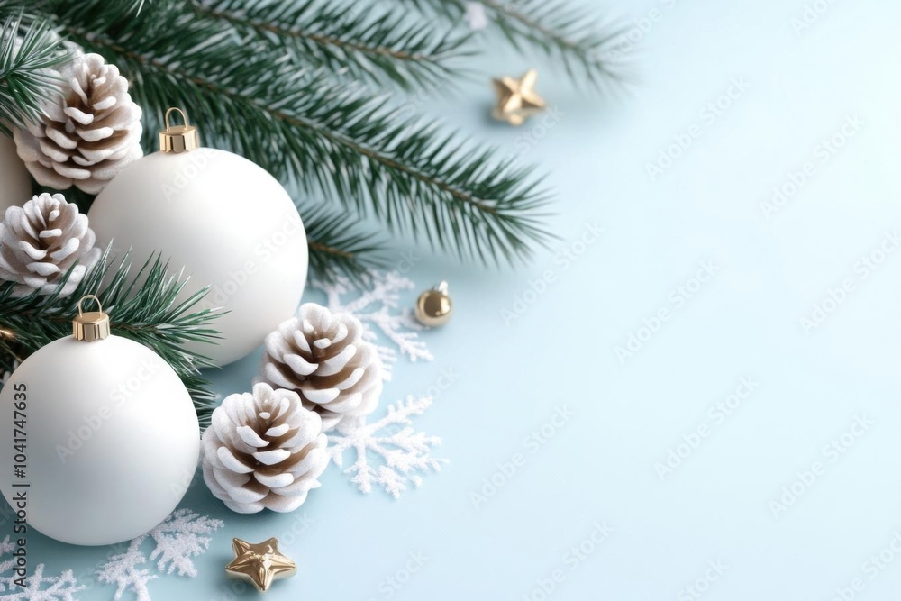 Festive winter arrangement featuring white ornaments, pine cones, and evergreen branches on a soft blue background. Festive winter arrangement featuring white ornaments, pine cones, and evergreen branches on a soft blue background.
