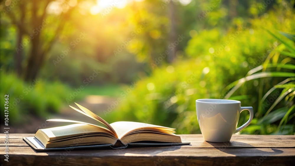 book and a cup on a nature background book and a cup on a nature background