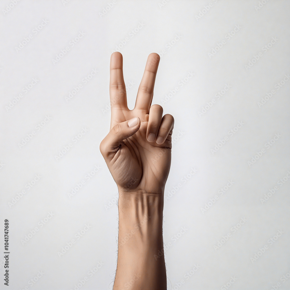 Male hand showing peace sign gesture on white background Male hand showing peace sign gesture on white background