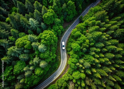 Aerial View of Dark Green Forest Road with White Electric Car for Eco-Friendly Adventure Travel