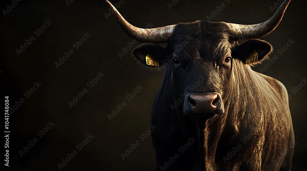 Fototapeta premium Bold Bull Posed Against a Stunning Dark Backdrop Scene Picture