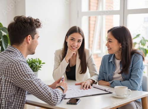 Young girls signing a contract with agent at apartment viewing