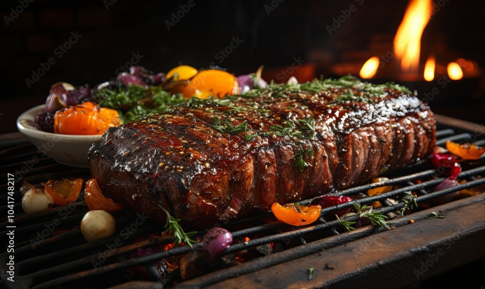 Grilled Steak and Bowl of Vegetables Cooking Grilled Steak and Bowl of Vegetables Cooking