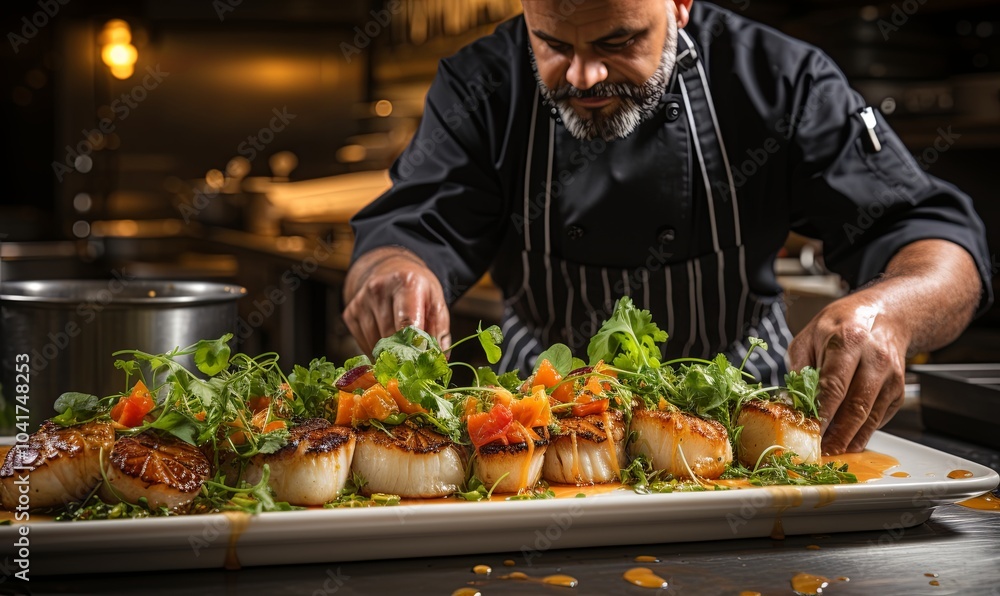 Chef Preparing Food on Plate in Kitchen Chef Preparing Food on Plate in Kitchen