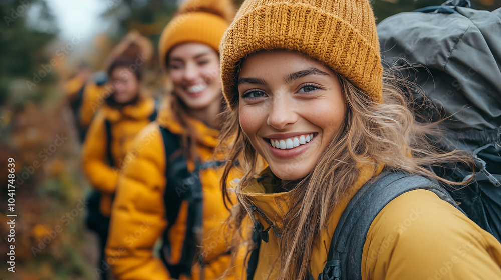Portrait of a group of young women in yellow jackets walking in autumn forest. Portrait of a group of young women in yellow jackets walking in autumn forest.
