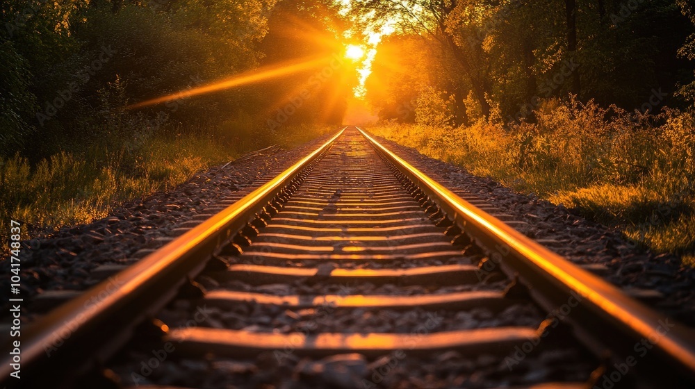 Naklejka premium Tranquil Sunset Over Train Tracks in Nature