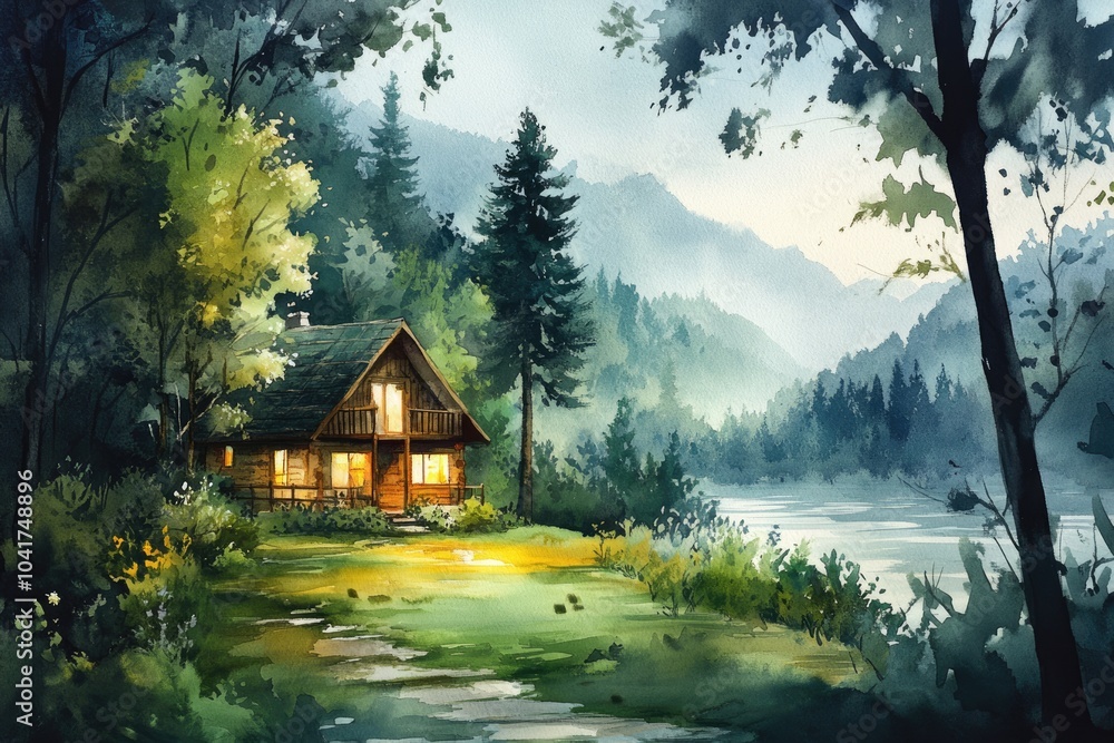Naklejka premium Charming Woodland Cottage Surrounded by Nature and Tranquility