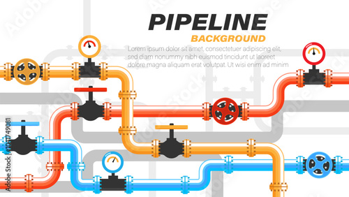 Yellow,Red,BluePipelline background .Industrial background with pipeline. Oil, water or gas pipeline with fittings and valves	
