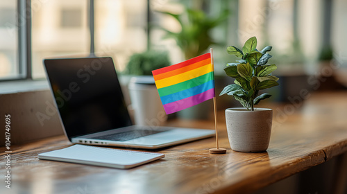 Wallpaper Mural Laptop with a flag of the LGBT community and a plant in a coffee shop Torontodigital.ca