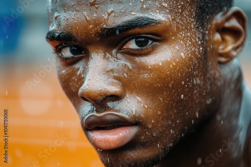 A dynamic portrait captures a man whose face is drenched with raindrops, echoing the intensity and unyielding focus needed to strive forward amidst life's challenges.