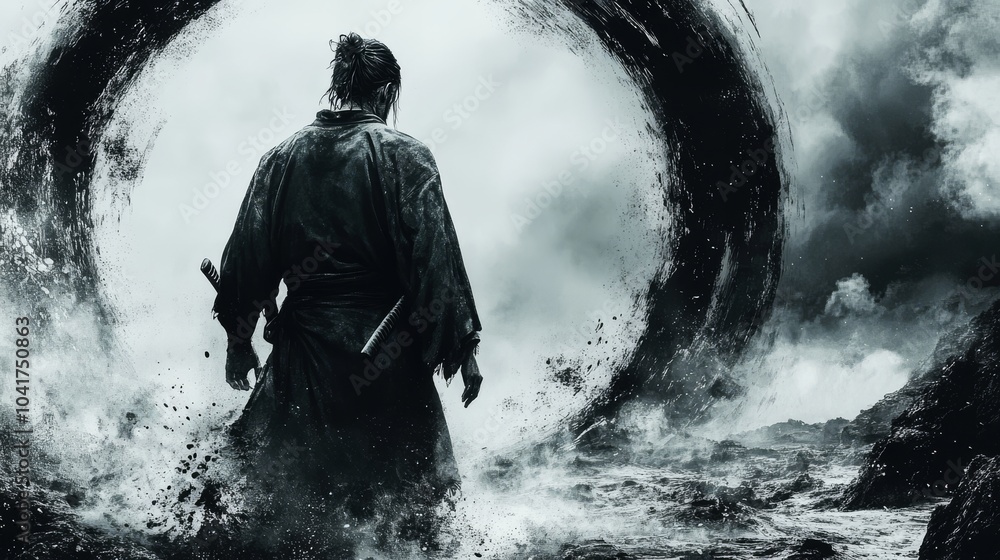 Obraz premium Samurai figure walking away from a black swirling portal above raging waves and rocky cliffs .