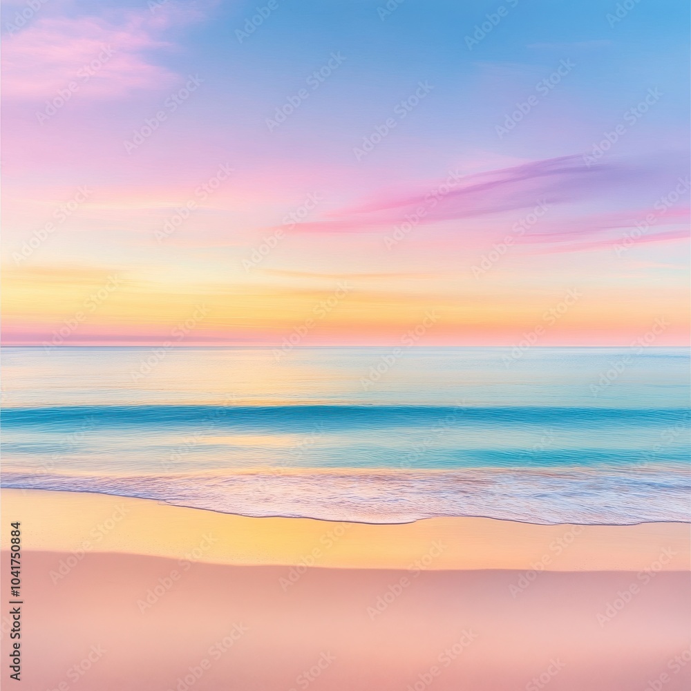 Fototapeta premium A serene sunset over calm ocean waters, blending vibrant colors of pink, orange, and blue, creating a peaceful coastal scene.