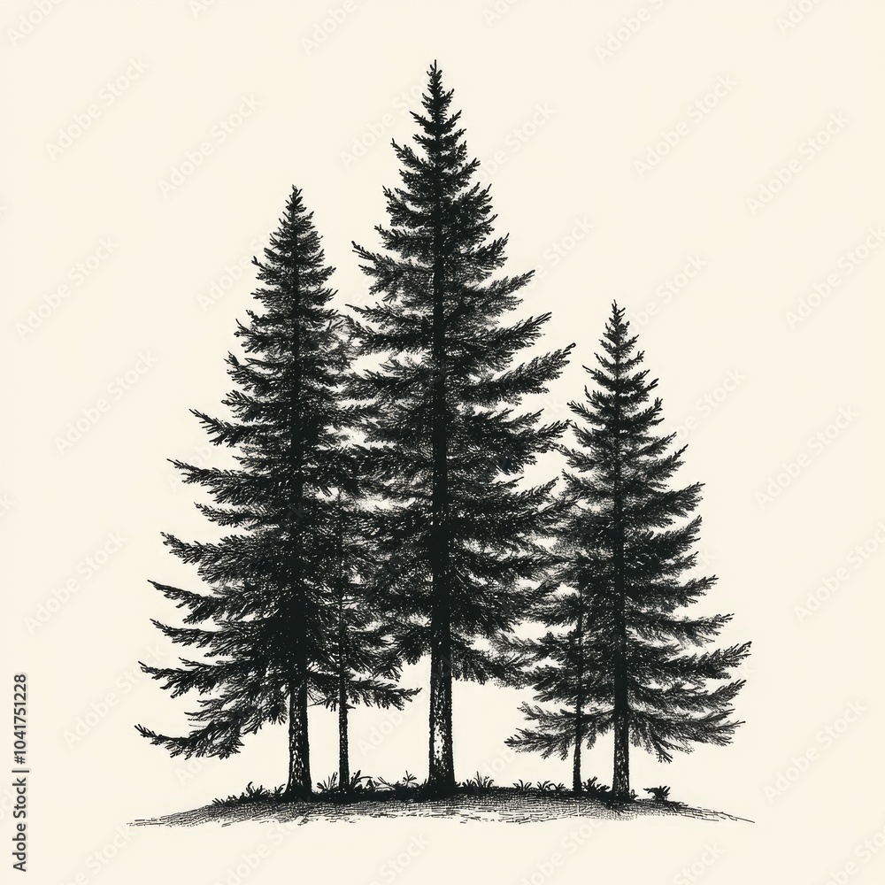 Obraz premium Monochrome Coniferous Tree. Hand-drawn Illustration of Evergreen Spruce in Nature Setting