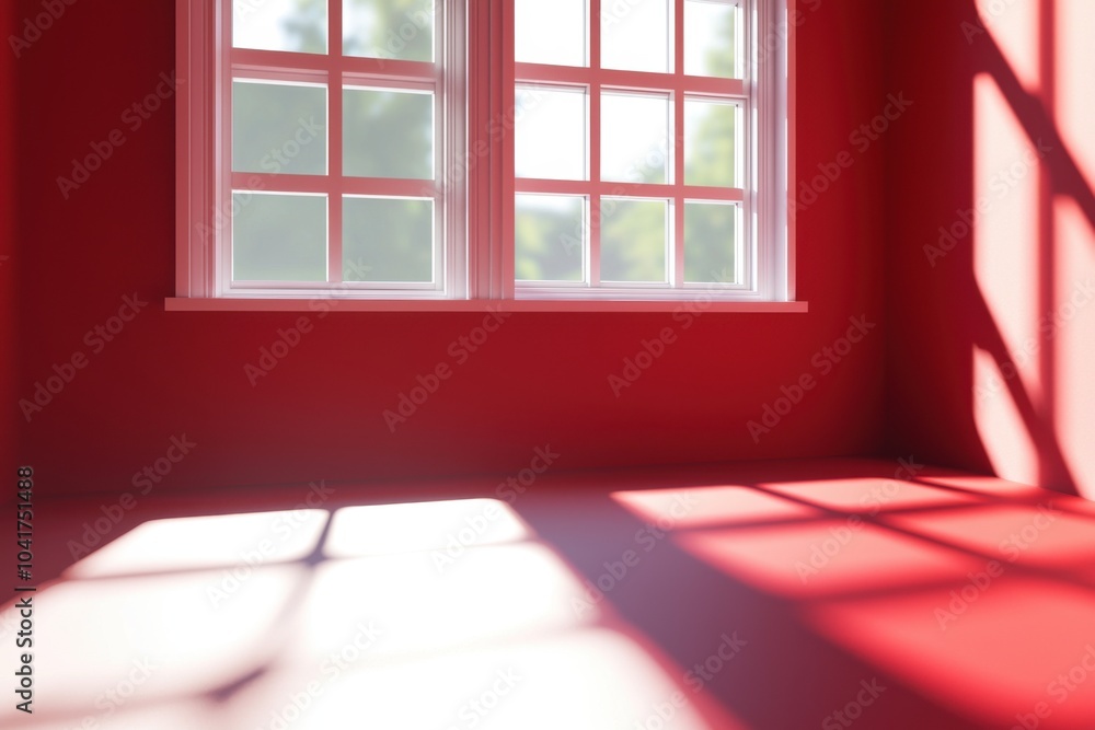 Fototapeta premium A bright red room with two windows casting shadows, creating a vibrant and inviting atmosphere.