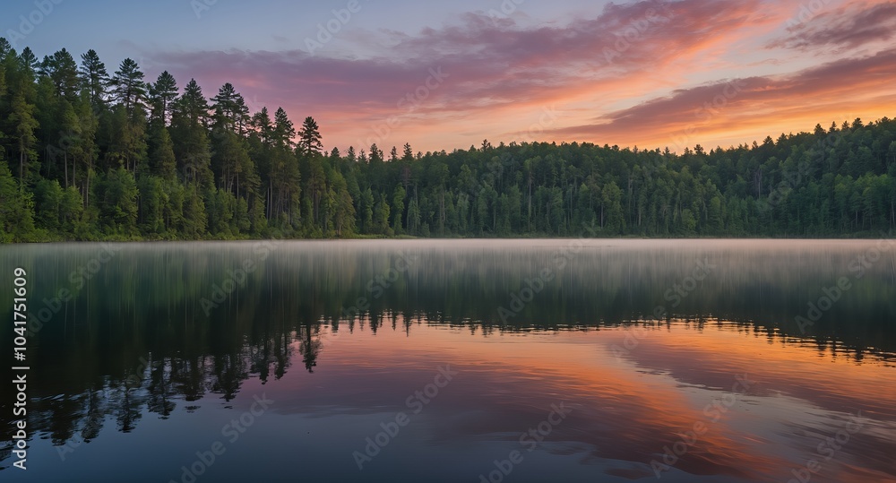 Fototapeta premium Beautiful sunrise over a tranquil lake with tents set up near the water's edge, reflecting the surrounding forest and colorful sky in the calm water