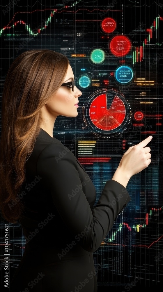 Businesswoman reviewing charts and graphs, financial planning, flat design illustration Businesswoman reviewing charts and graphs, financial planning, flat design illustration
