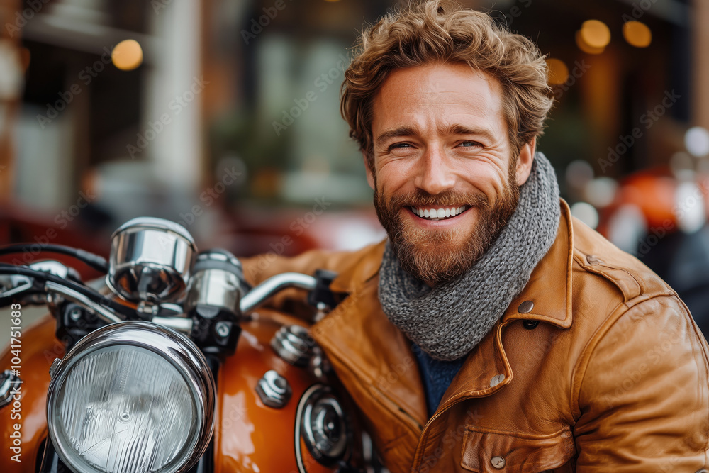 A man with a beard and a scarf is smiling and posing with a motorcycle. The motorcycle is orange and has a shiny headlight. A man with a beard and a scarf is smiling and posing with a motorcycle. The motorcycle is orange and has a shiny headlight.
