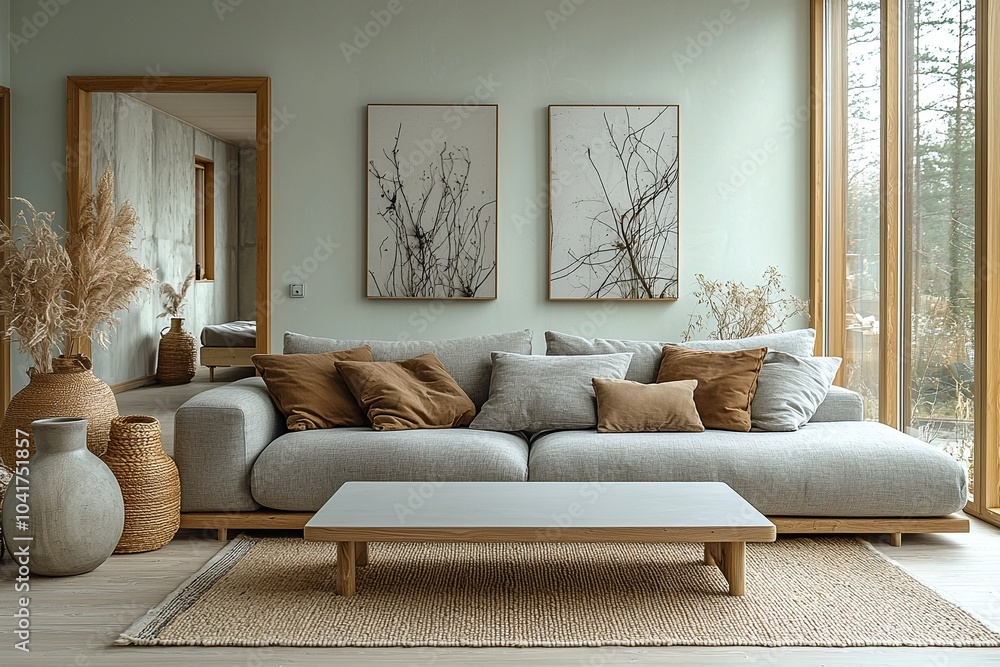 Obraz premium Minimalist, modern Scandinavian interiors in the living room with light mint-finished walls and sofas. Generative AI 