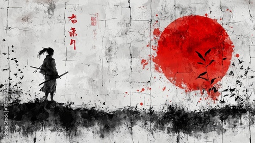 Samurai silhouette standing against a cracked wall with a red sun in the background  and black brush strokes. .