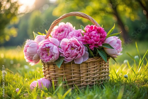 Fototapeta Naklejka Na Ścianę i Meble -  Bouquet of peonies in basket on grass with forced perspective